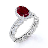 Art Deco Micro Pave Set 1.50 Carat Oval Cut Lab Ruby and Diamond Halo Wedding Set with Art Deco Band in White Gold