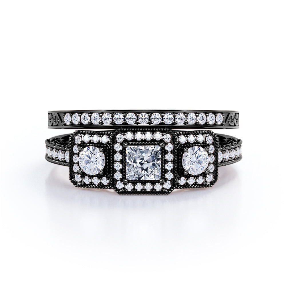 1.25 Carat Princess Cut Moissanite And Diamond Three Stone Trilogy Wedding Ring Set In White Gold