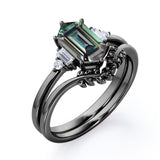 Floral Pattern 1.15 Carat Hexagon Shaped Lab Created Alexandrite And Diamond Nature Inspired Five Stone Wedding Ring Set In White Gold