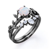 Nature Inspired 1.20 Carat Round Cut White Fire Opal And Diamond Leaf Vine Art Wedding Ring Set In White Gold For Her