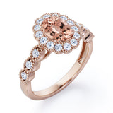 Vintage Floral Halo 0.7 carat Oval and Round Morganite and diamond Engagement Ring in Rose Gold