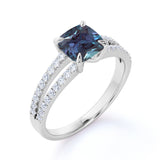 Double Shank Single Stone 1.50 Carat Cushion Cut Simulated Alexandrite and Diamond Pave Classic Engagement Ring