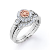 1.5 Carat Round Cut Peach Morganite and Diamond Bridal Ring Set in 10k White Gold Stunning Ring