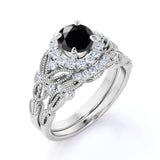 Artdeco 1.35 Carat Round cut Lab Black Diamond Wedding Bridal Ring Set in White Gold