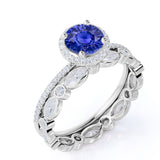 Elegant Eternity Micro Pave 2.25 Carat Round Cut Sapphire and Diamond Halo Wedding Set in White Gold