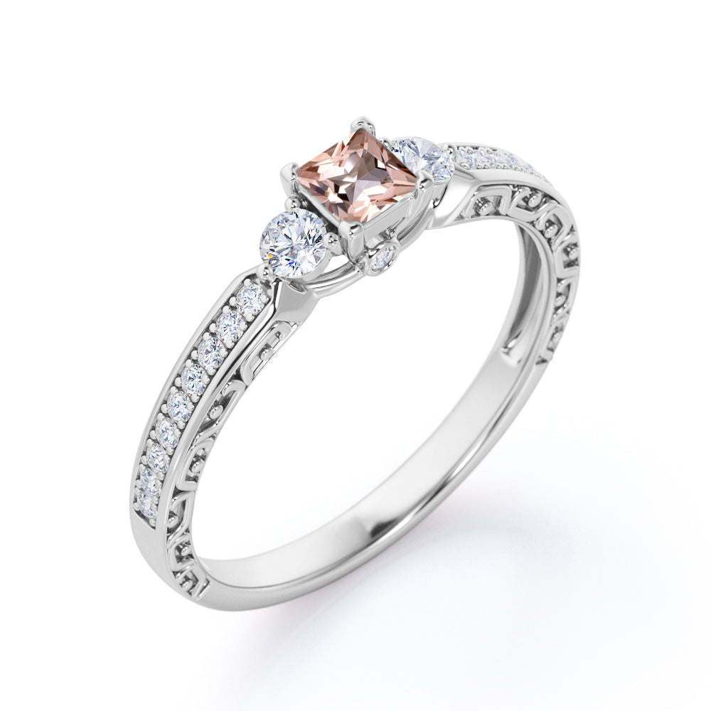 Bridge Accent 0.8 carat Princess Morganite and Moissanite Unique Engagement Ring in Rose Gold