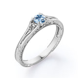 Dainty Solitaire 0.5 Carat Round Cut Real Aqua Sky Blue Aquamarine Filigree Engagement Ring