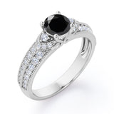 Simple Four Prong 1.50 Carat Round Cut Black Diamond Vintage Milgrain Multi Row Engagement Ring In Rose Gold