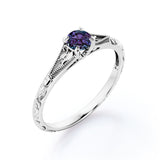 Art Deco 1 Carat Round Cut Lab Created Alexandrite And Diamond Vintage Filigree Solitaire Engagement Ring In White Gold