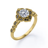 Milgrain Flower Cluster 1.5 TCW Round Brilliant Cut Moissanite with Lab Created Black Diamond Filigree Engagement Ring in White Gold