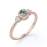 Double Hearts 0.7 carat Round Moss Agate and Moissanite Halo Engagement Ring in White Gold