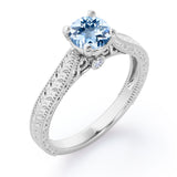Antique Art Deco 1 Carat Round Cut Aquamarine Four Prong Solitaire Engagement Ring In Rose Gold
