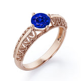 Beaded Art Deco 1 Carat Round Cut Sapphire Solitaire Engagement Ring In Rose Gold