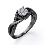 Tensioned Halo Set - 1.25 TCW Round Shaped Moissanite with Lab Created Black Diamond - Semi Pave Infinity Engagement Ring in White Gold