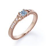 1.10 Carat Princess Cut Aquamarine And Diamond Vintage Milgrain Engagement Ring In White Gold.