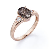 Tapered Prong Setting 1.15 Carat Oval Cut Druzy Black Rutilated Quartz and Diamond 7 Stone Classic Engagement Ring