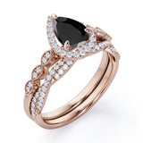 1.25 ct Pear Lab Black Diamond Art Deco Wedding Ring Set