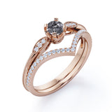 Modern Exquisite Art Deco 1.75 Carat Round Cut Genuine Dendritic Black Rutilated Quartz and Diamond Half Eternity Curved Band Wedding Ring Sets