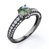 Classic Four Prong 1.45 Carat Round Cut Green Moss Agate And Diamond Vintage Milgrain Engagement Ring In Rose Gold