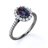Snowflake Cluster 1.50 Carat Oval Cut Lab Created Alexandrite and Diamond Halo Engagement Ring