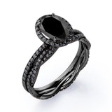 Four-Prong Halo 1.75 TCW Oval-Shaped Lab Created Black Diamond Pave Twisted Eternity Bridal Set in White Gold
