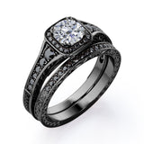 Filigree Pave Channel 1.6 TCW Round Moissanite with Lab Created Black Diamond Double Prong Cluster Wedding Set in Black Gold