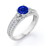 Antique 4 Prong 1.50 Carat Round Cut Sapphire And Diamond Vintage Milgrain Layered Engagement Ring In Rose Gold