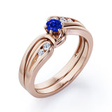 Mini Channel Design 0.5 TCW Round Cut Blue Sapphire and Moissanite Six-Prong Bridal Ring Set in White Gold