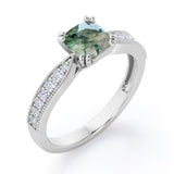 1.25 Ct Cushion Cut Moss Agate Milgrain Engagement Ring