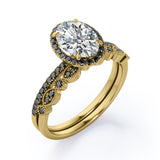 1.65 TCW Oval Cut Moissanite with Lab Created Black Diamond - Milgrain Filigree - Scalloped Pave Bridal Ring Set in White Gold