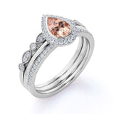 Art Deco 1.75 Carat Pear Shape Peach Morganite and Diamond Trio Wedding Ring Set in Rose Gold