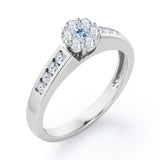 Clustered 1 carat Round Petite Aquamarine and Moissanites Channel Engagement Ring in White Gold