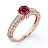 Classic Four Prong 1.45 Carat Round Cut Lab Ruby And Diamond Vintage Milgrain Engagement Ring In White Gold