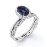 Infinity Under Halo 1.75 Carat Oval Cut Lab Alexandrite and Diamond Eternity Bridal Set Rings
