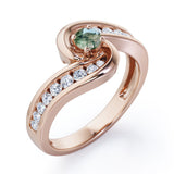 Spinning 0.7 carat Round Green Moss Agate and Moissanite Channel Engagement Ring in White Gold