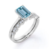 Bestselling 1.25 Carat emerald cut Aquamarine and Diamond Wedding Ring Set in White Gold