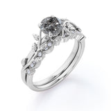 0.75 Ct Round Salt and Pepper Diamond Leaf Wedding Ring Set