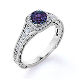 Vintage Filigree 1.35 Carat Round Cut Lab Created Alexandrite And Diamond Eight Prong Halo Engagement  Ring In White Gold
