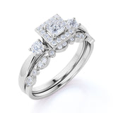 3 Stone Cathedral Modern Art Deco 1 ct TDW Princess Cut Diamond Milgrain Bridal Set - Wedding Set - 10K White Gold