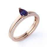 Dainty Single Stone 0.75 Carat Pear Shape Lab Created Alexandrite and Diamond Pave Wedding Ring Sets