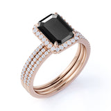 Bestselling 2 Carat Emerald Cut Lab Black Diamond Halo Trio Wedding Bridal Ring Set in White Gold
