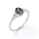 Nature Inspired Leaf Design 1.75 Carat Oval Cut Genuine Black Brown Rutilated Quartz and Diamond Milgrain Art Deco Engagement Ring