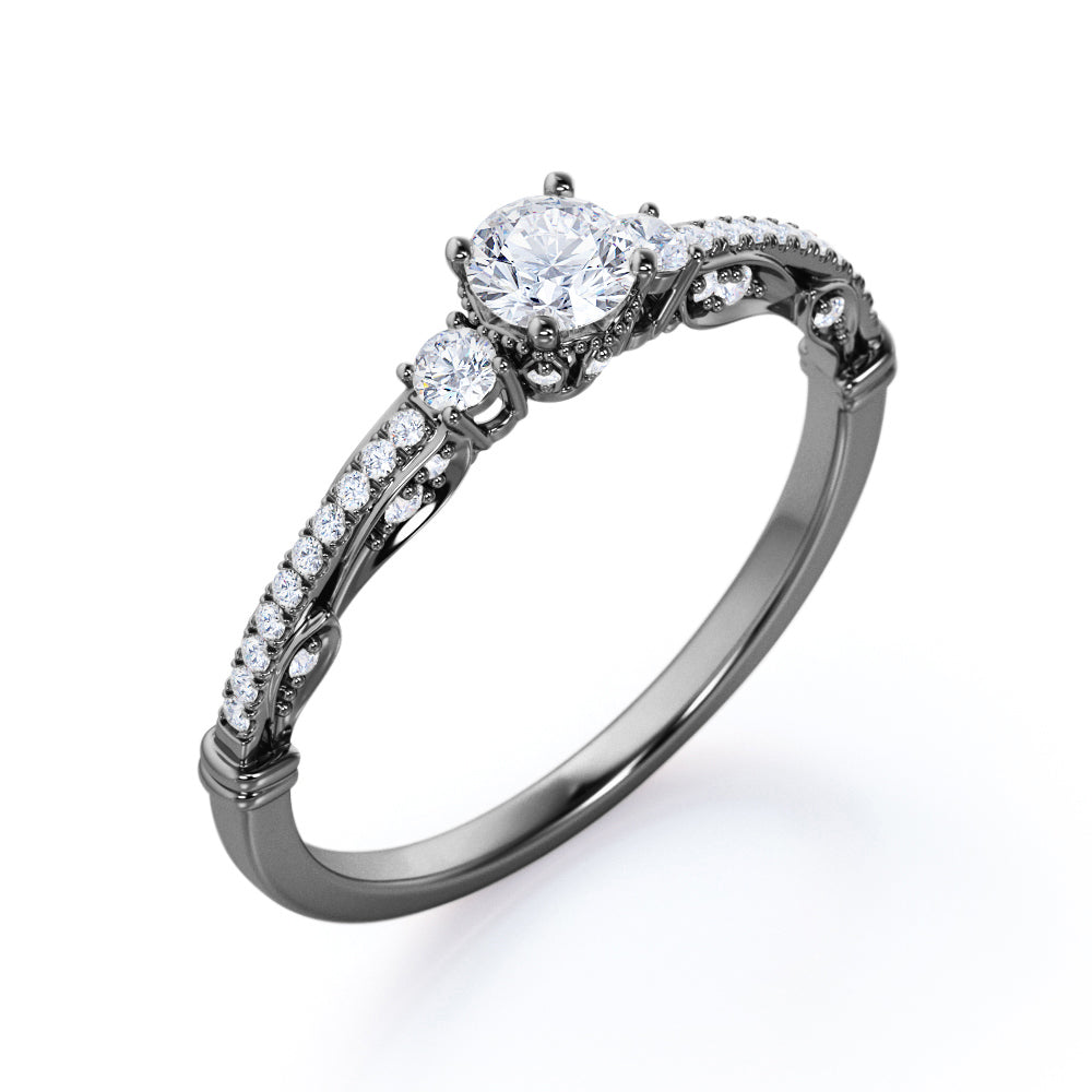 Art Deco 1 carat Round Cut Moissanite and Diamond Promise Ring, women's ring in White Gold