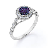 Beaded Vintage 1.40 Carat Round Cut Lab Created Alexandrite And Diamond Halo Engagement Ring In White Gold