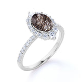 1.50 ct Oval Black Rutilated Quartz Halo Pave Engagement Ring