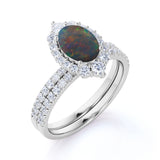 1.75 Ct Oval Cut Lab Created Black Opal Halo Wedding Ring Set