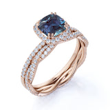 2 Ct Cushion Cut Lab Alexandrite Halo Bridal Set