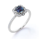 Antique Flower Cluster 1.50 Carat Cushion Cut Lab Created Blue Alexandrite and Diamond Halo Pave Engagement Ring in White Gold for Her