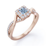 1.25 Carat Princess Cut Aquamarine - Half Crossover Pave - Halo Engagement Ring in White Gold
