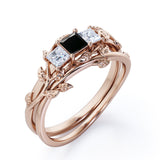 1.25 carat princess cut  Black Diamond three stone vine leaf wedding ring set in white gold